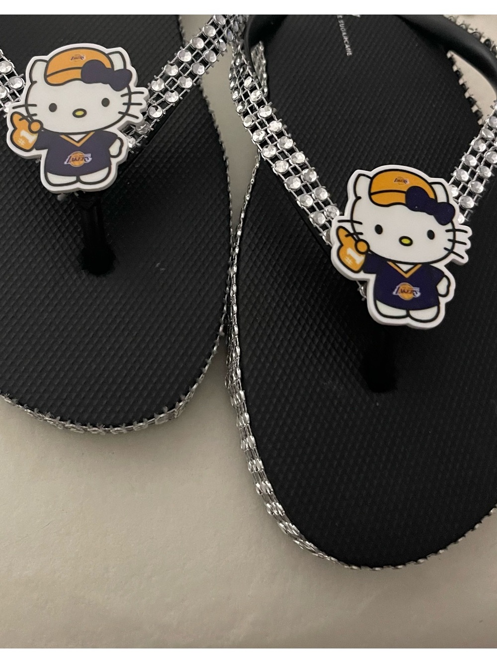 Hello Kitty Kids Black Flip Flops with Silver Rhinestone Straps